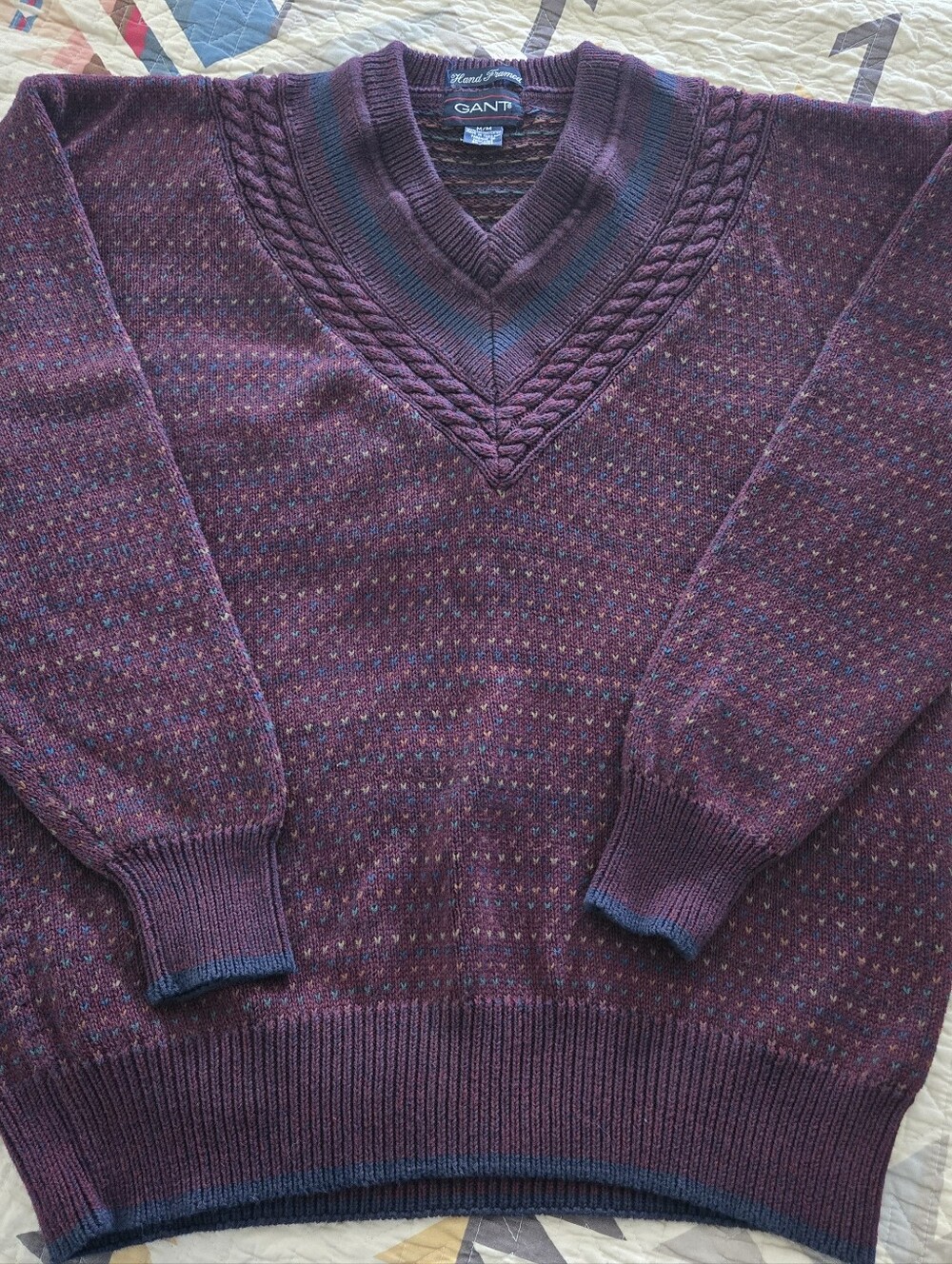 Gant Vintage Speckled V‑Neck Sweater Red Burgundy Maroon Size Medium Cotton